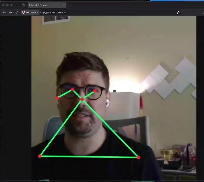 MoveNet pose detection running live on the i.MX 8M Plus NPU — keypoints tracked off a plain USB webcam.