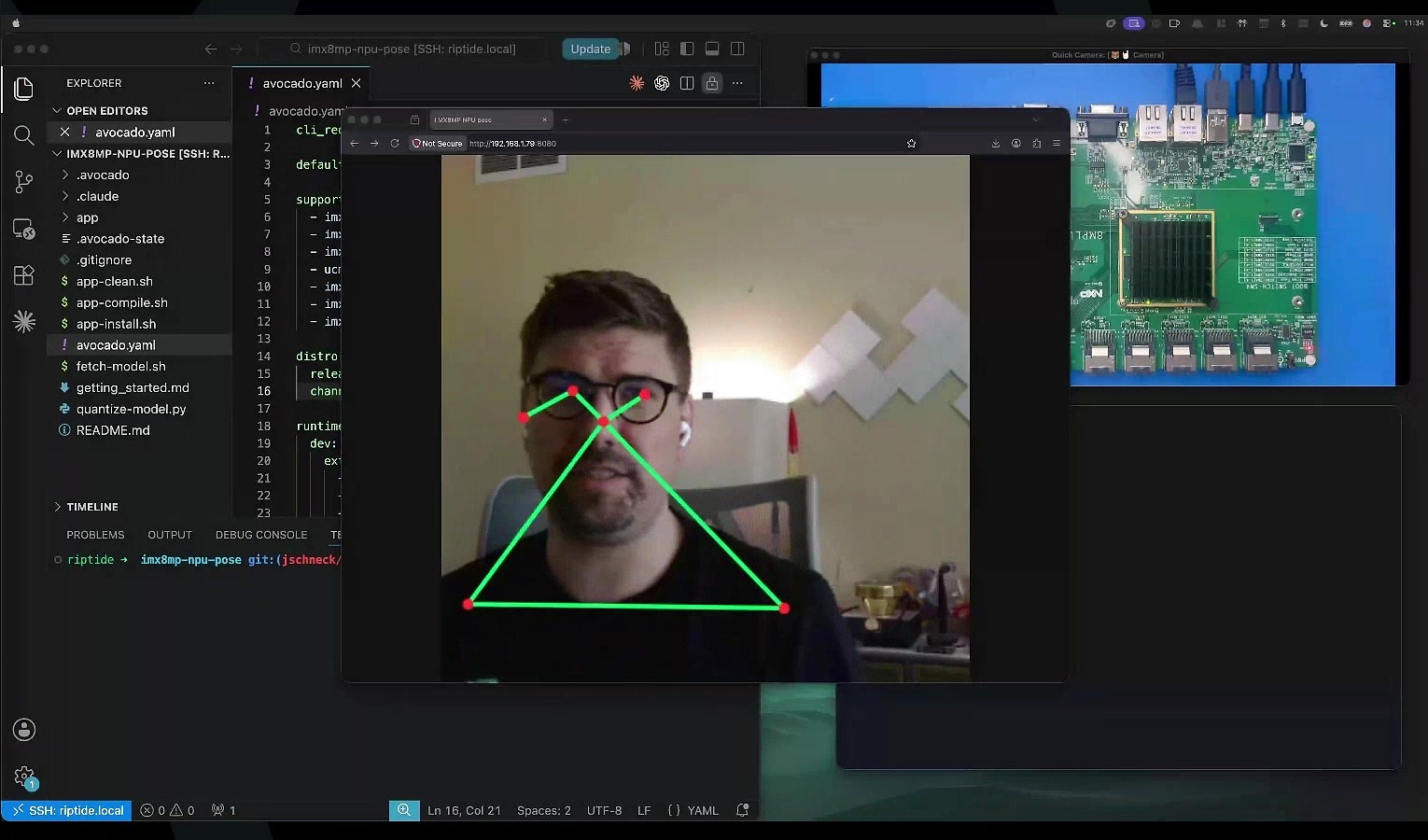The full demo: VS Code driving the reference on the left, the live NPU pose feed in the center, the i.MX 8M Plus running it on the right.