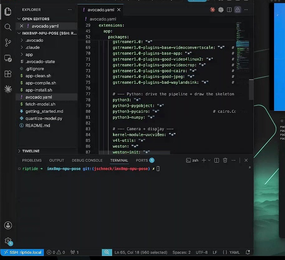 The app extension: GStreamer, a little Python, the UVC kernel module for the webcam, and Weston — declared as package lines, not a hand-built image.