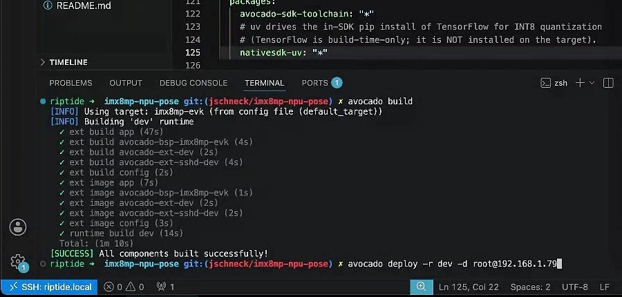 avocado build composing the full runtime from pre-built packages in 1m 10s.