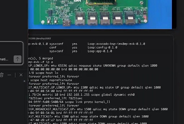 avocadoctl on the device: the BSP, config, and app extensions loaded and merged.