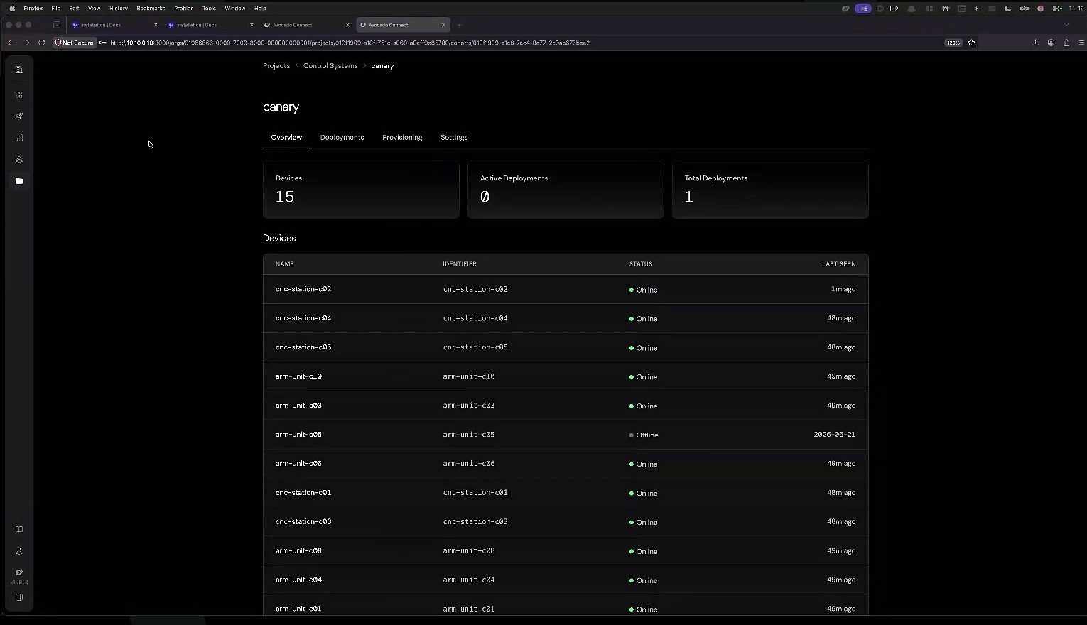 The runtime out in the field: a device fleet in Peridio Connect, online and reporting.