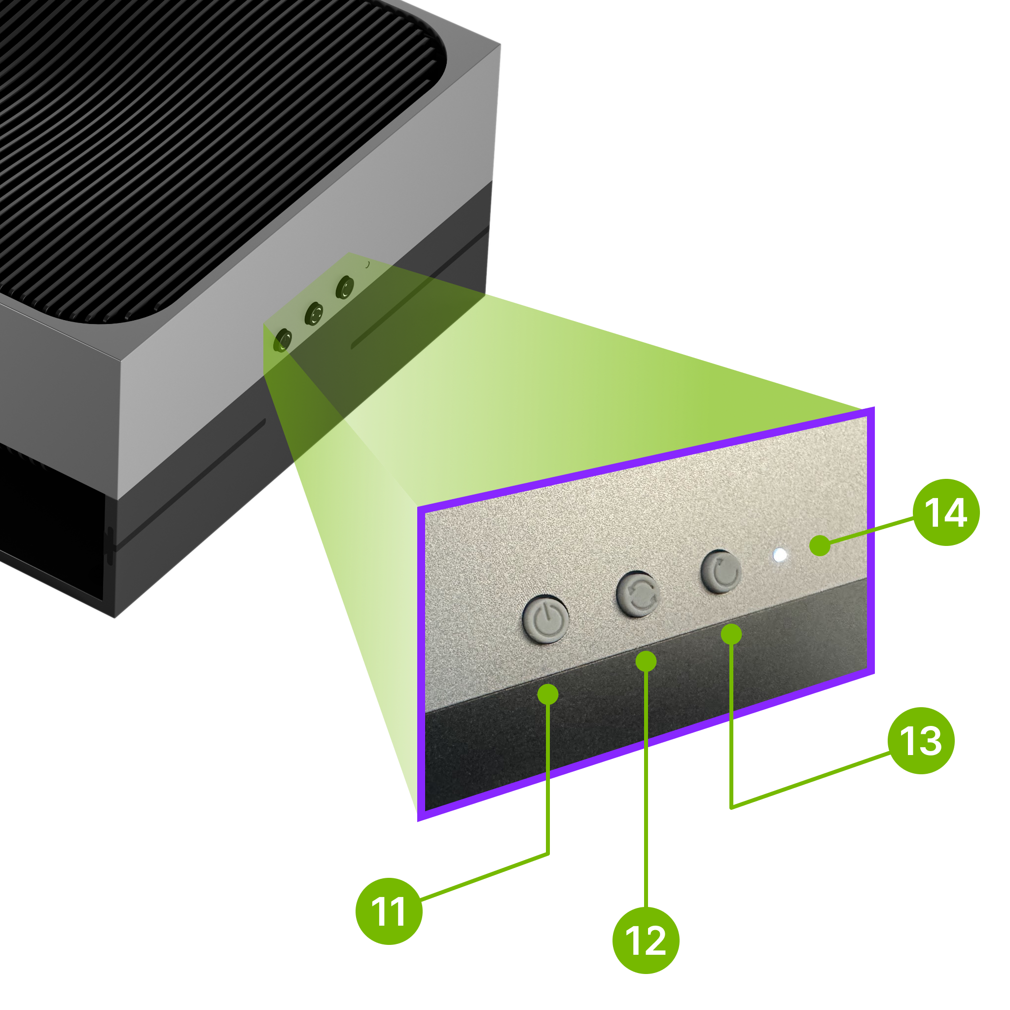 Jetson AGX Thor buttons: Power (11), Force Recovery (12), Reset (13)