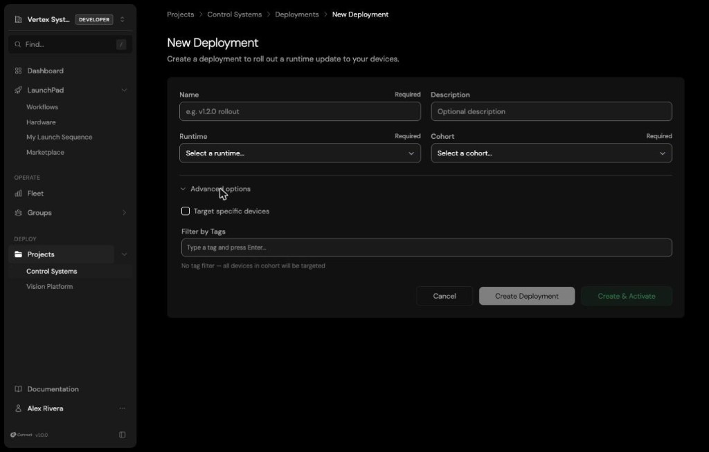 The New Deployment form: name, runtime, and cohort selection with advanced options to target specific devices or filter by tag.