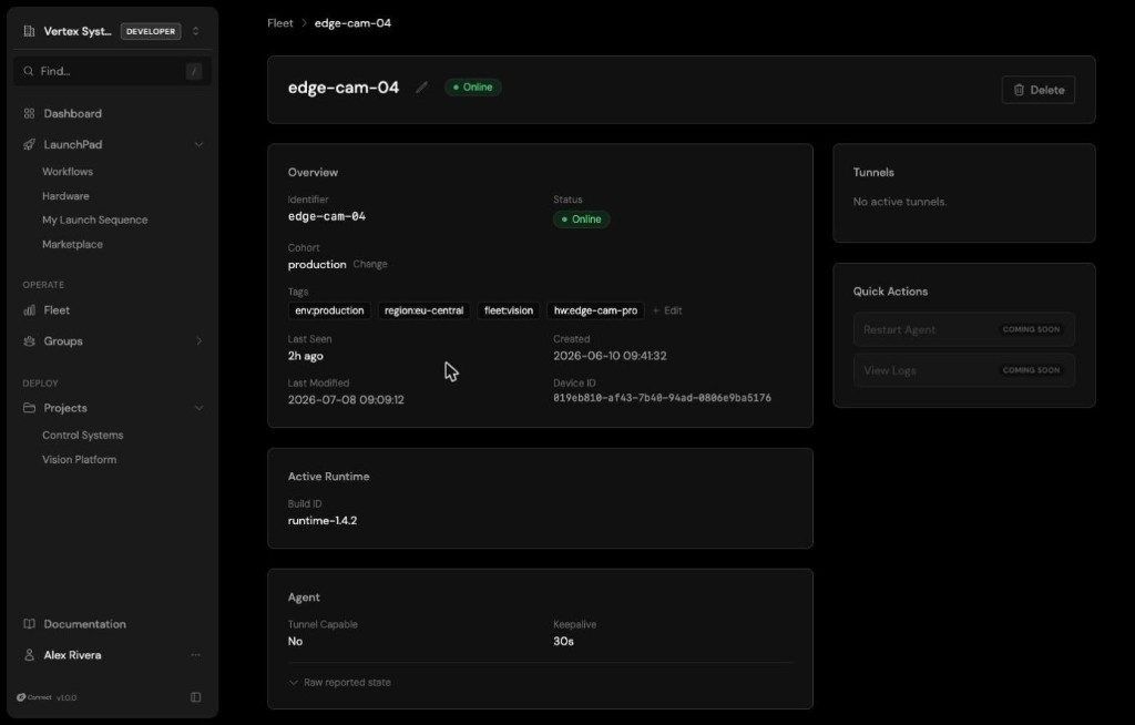 A device detail view: overview with identifier, status, cohort, tags, and last seen, alongside active runtime, agent details, and quick actions.