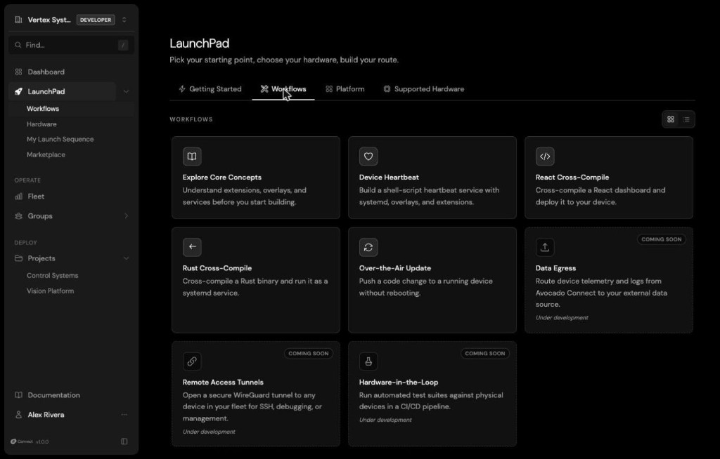Launchpad Workflows: a gallery of guided recipes covering core concepts, cross-compilation, and OTA updates, with more workflows coming soon.