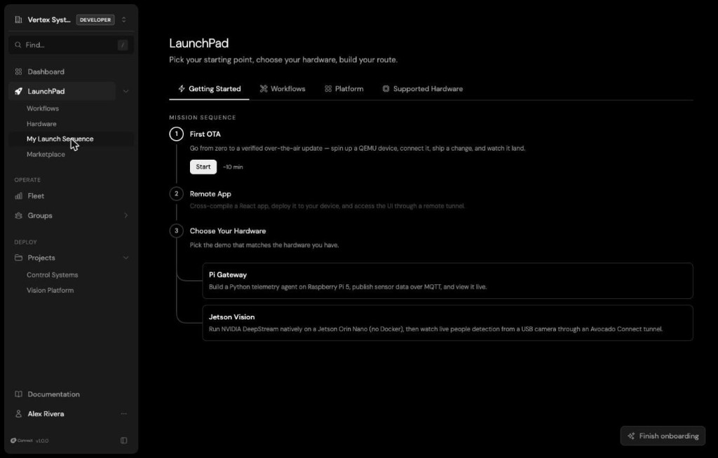 Launchpad: pick a starting point, choose your hardware, and follow a guided mission sequence from your first OTA to a remote app.