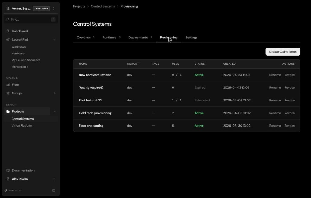 The Provisioning view: a list of claim tokens with their cohort, use counts, and status (active, expired, exhausted).