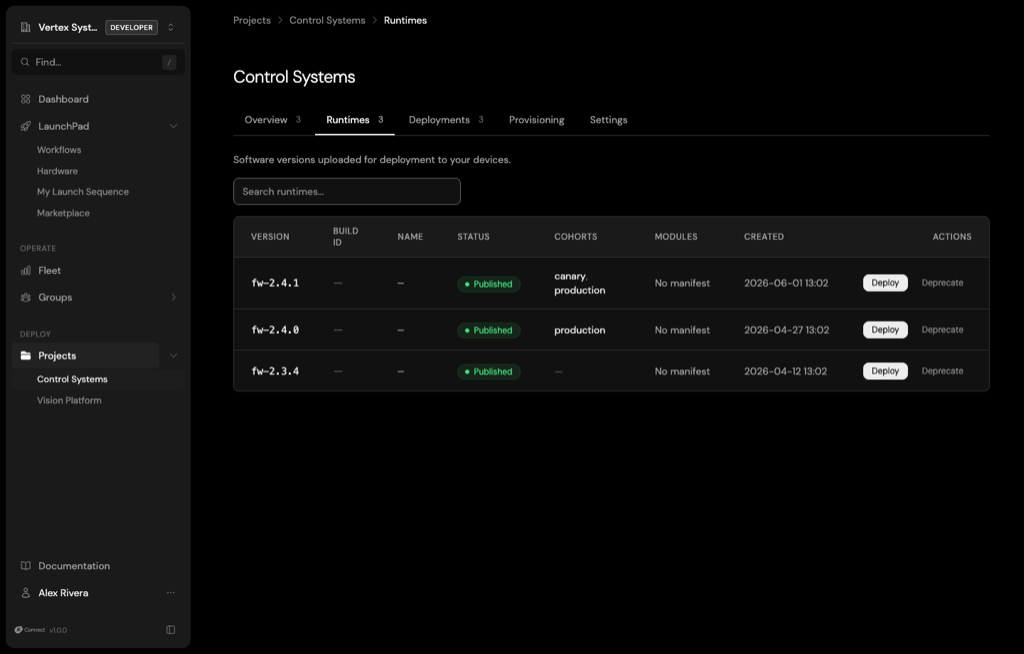 The Runtimes tab: published software versions with their status, target cohorts, and deploy or deprecate actions.