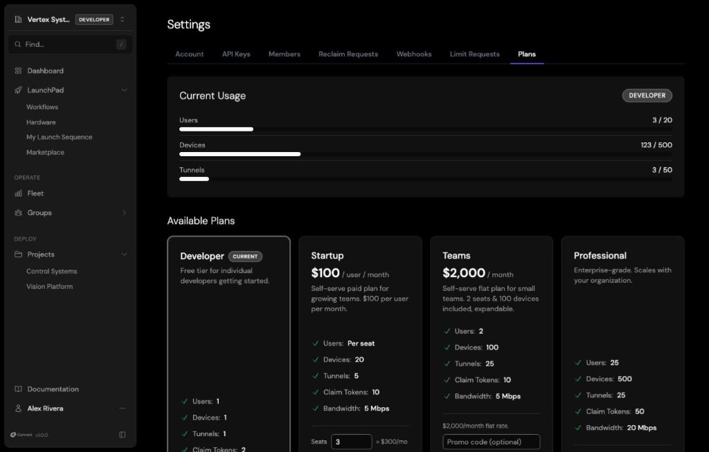 The Plans settings: current usage against limits, with Developer, Startup, Teams, and Professional tiers and their included devices, tunnels, and users.