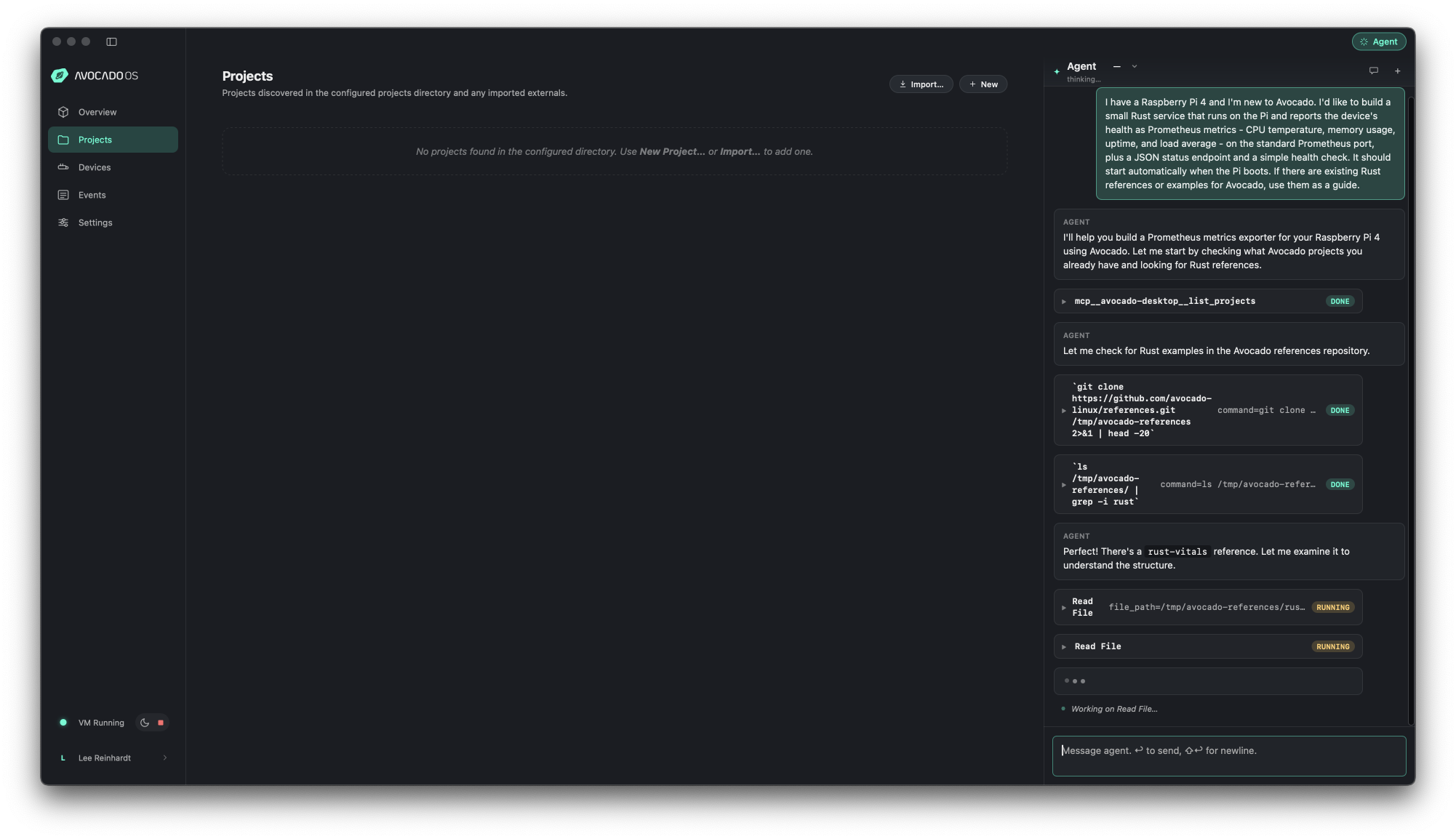 The agent panel: a plain-English prompt, then the agent listing projects, cloning the references repo, and finding a Rust example on its own.