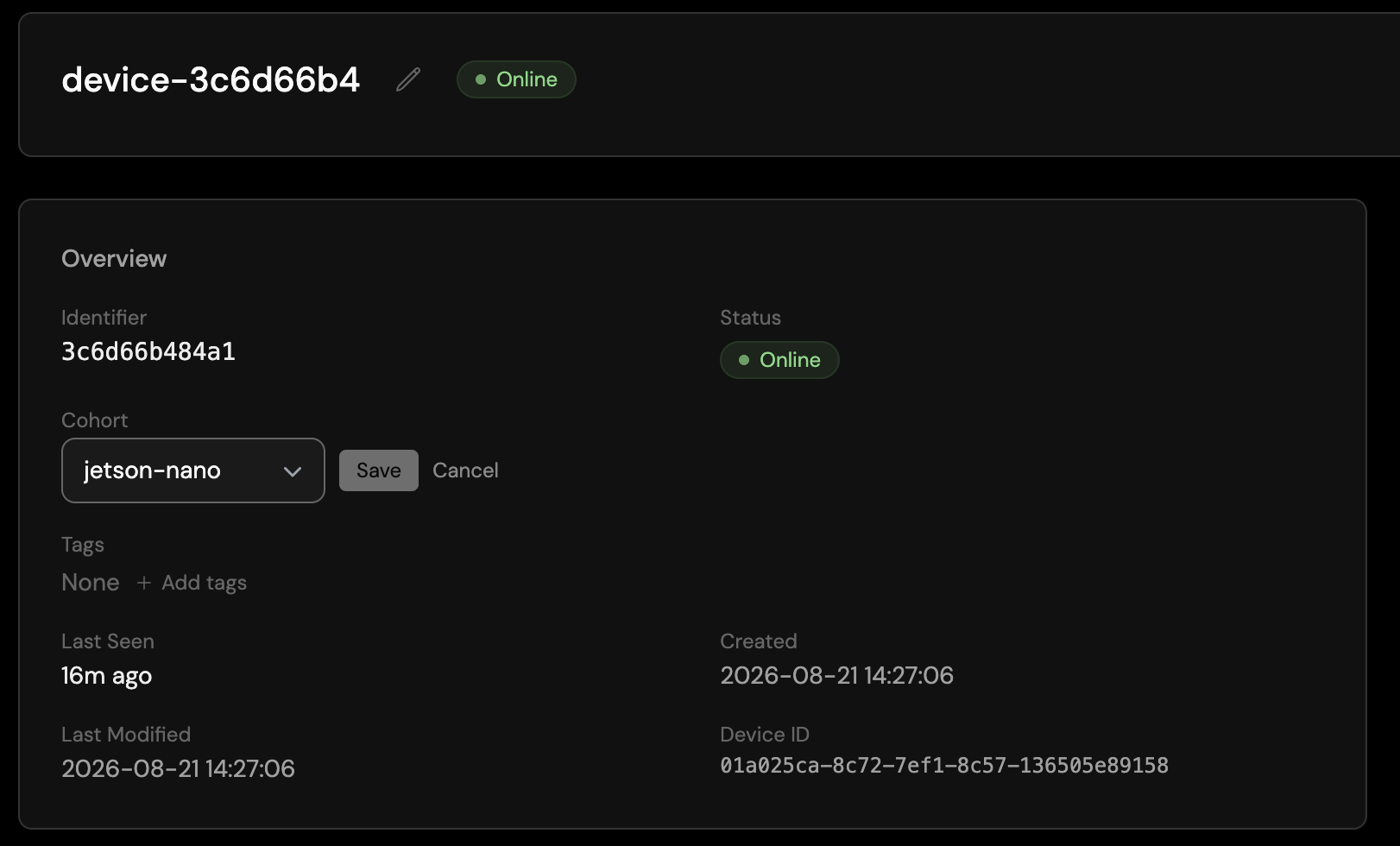 A device's Overview in Avocado Connect with the Cohort dropdown open: the jetson-nano cohort selected and Save and Cancel buttons alongside.
