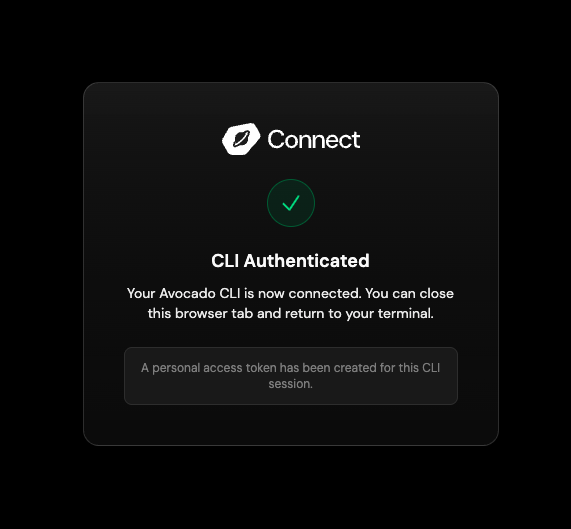 Browser confirmation page after logging in: CLI Authenticated — your Avocado CLI is now connected and an access token has been created for this session.