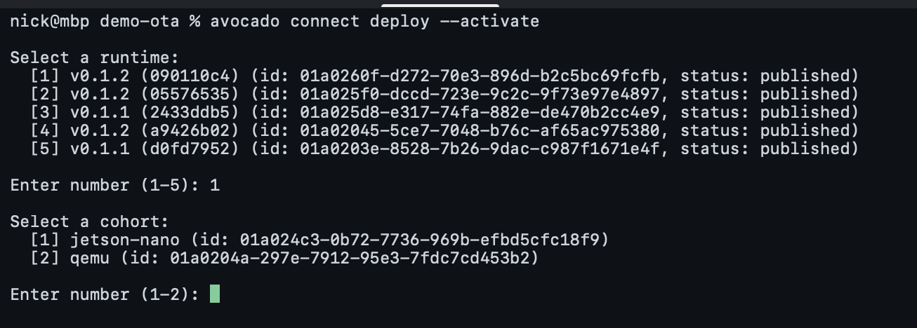 The avocado connect deploy prompt after selecting a runtime: an interactive list of cohorts to target.