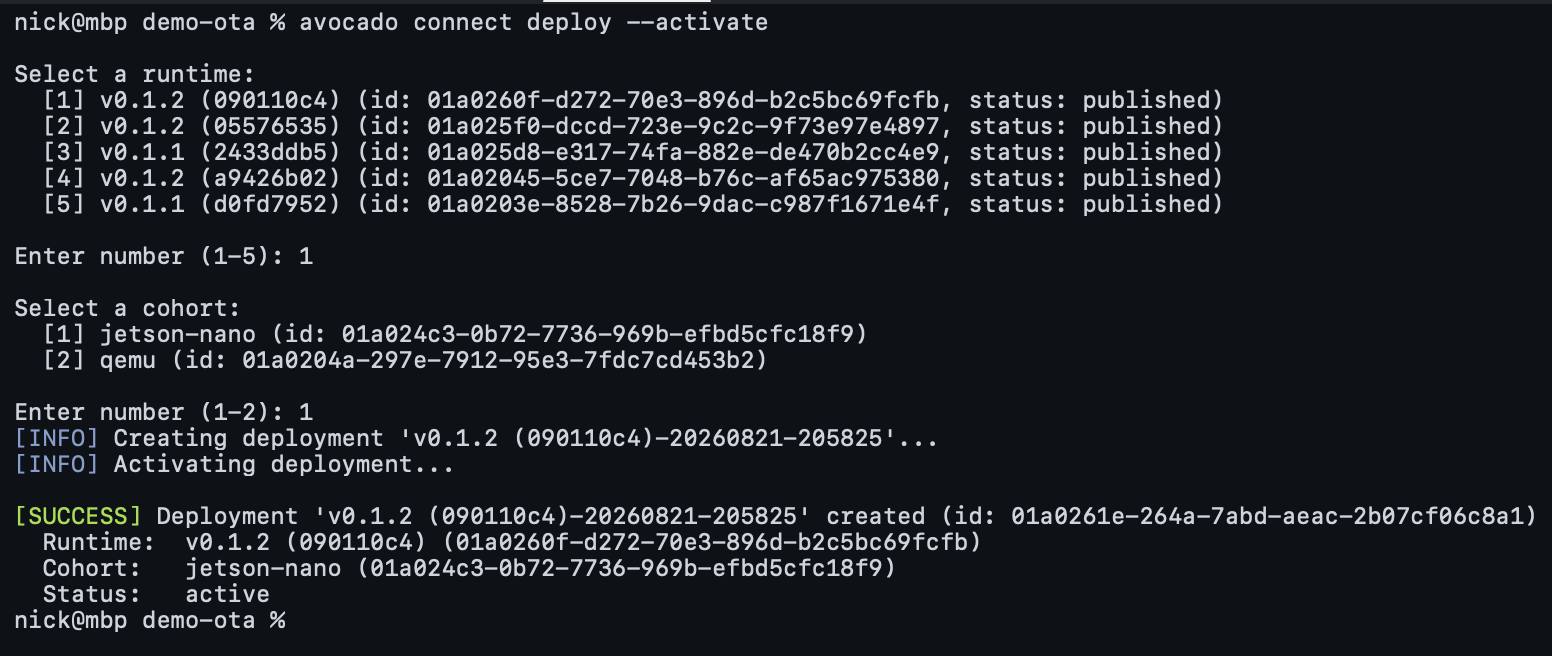 The completed avocado connect deploy run: the deployment is created and activated, with its runtime, cohort, and active status summarized.