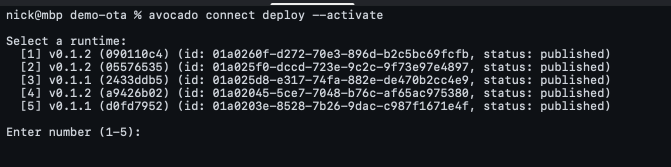 Terminal running avocado connect deploy --activate: an interactive list of published runtime versions to select from.