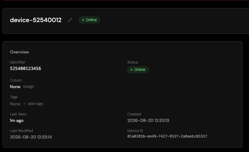 A device detail page in Avocado Connect showing the device status as Online, with its identifier, cohort, tags, and last-seen time.