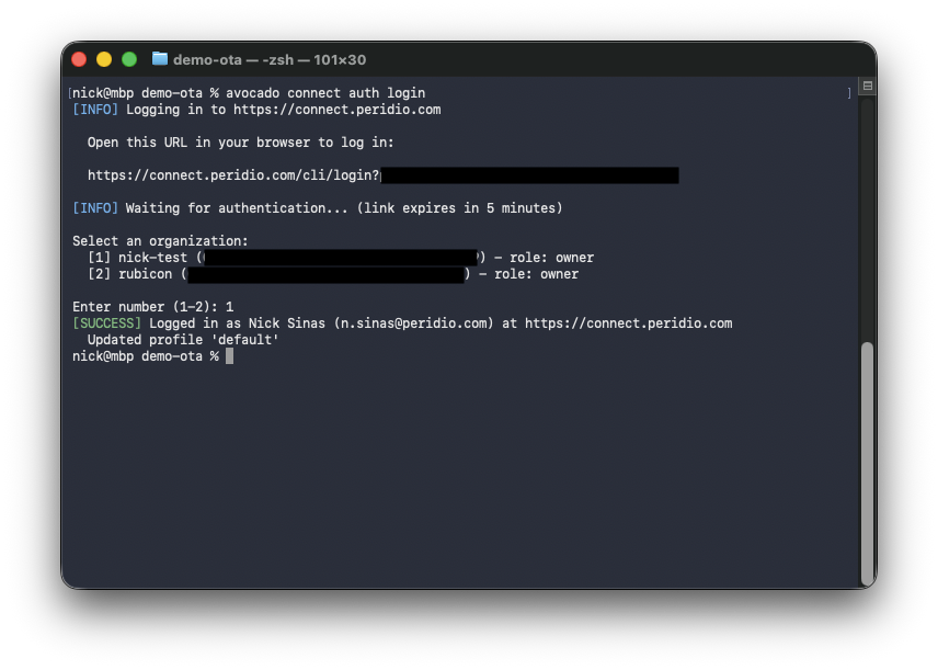 Terminal running avocado connect auth login: a browser login URL is printed, an organization is selected, and the CLI reports a successful login.