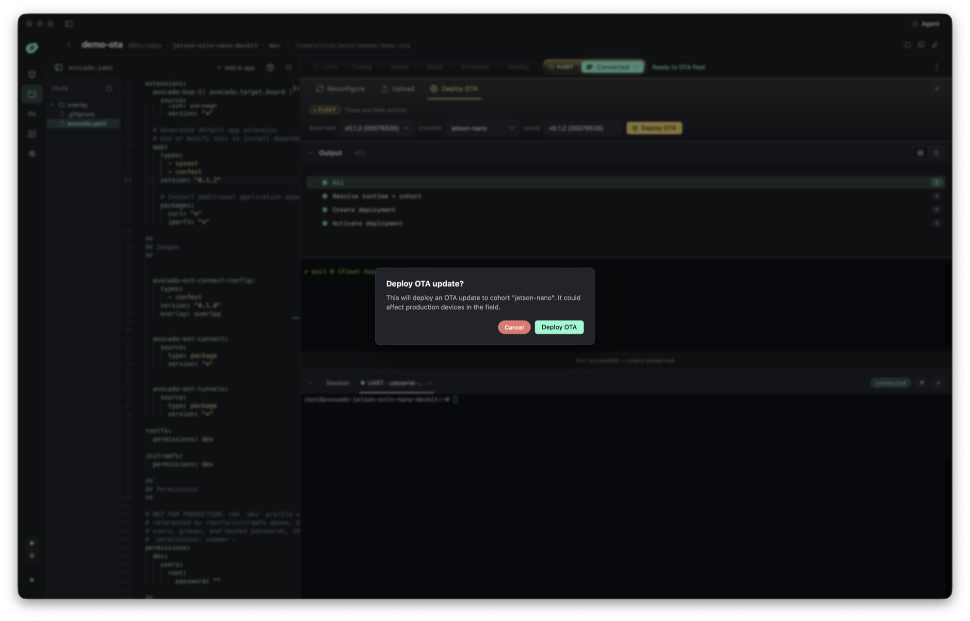 The Deploy OTA tab in Avocado Desktop with runtime and cohort selected: a confirmation dialog asks Deploy OTA update? warning it will deploy to the jetson-nano cohort and could affect production devices, above output stages for resolving, creating, and activating the deployment.