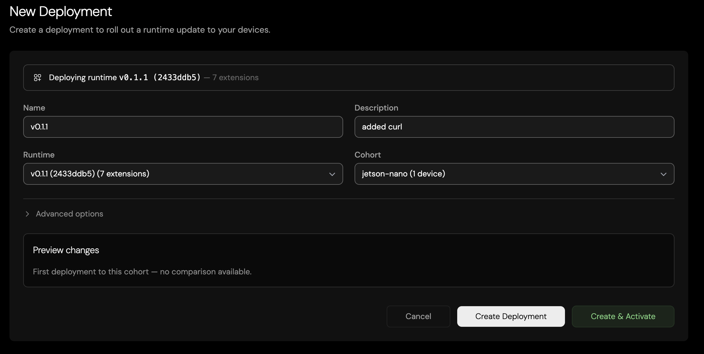 The New Deployment form in Avocado Connect: deploying runtime v0.1.1 to the jetson-nano cohort with a description, advanced options, a preview of changes, and Create Deployment and Create & Activate buttons.