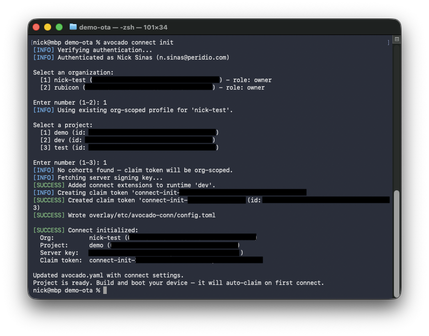 Terminal running avocado connect init: organization and project selection, claim token creation, and the final Connect initialized summary with org, project, server key, and claim token.
