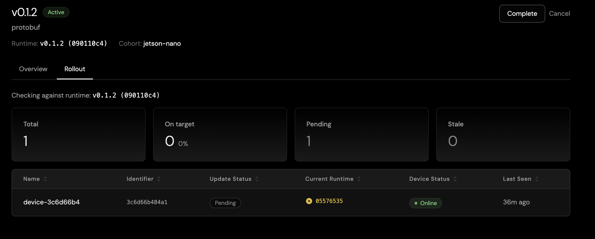 An active deployment's Rollout tab in Avocado Connect: 1 device total, 0% on target, 1 pending — the device is Online but still reports its previous runtime.