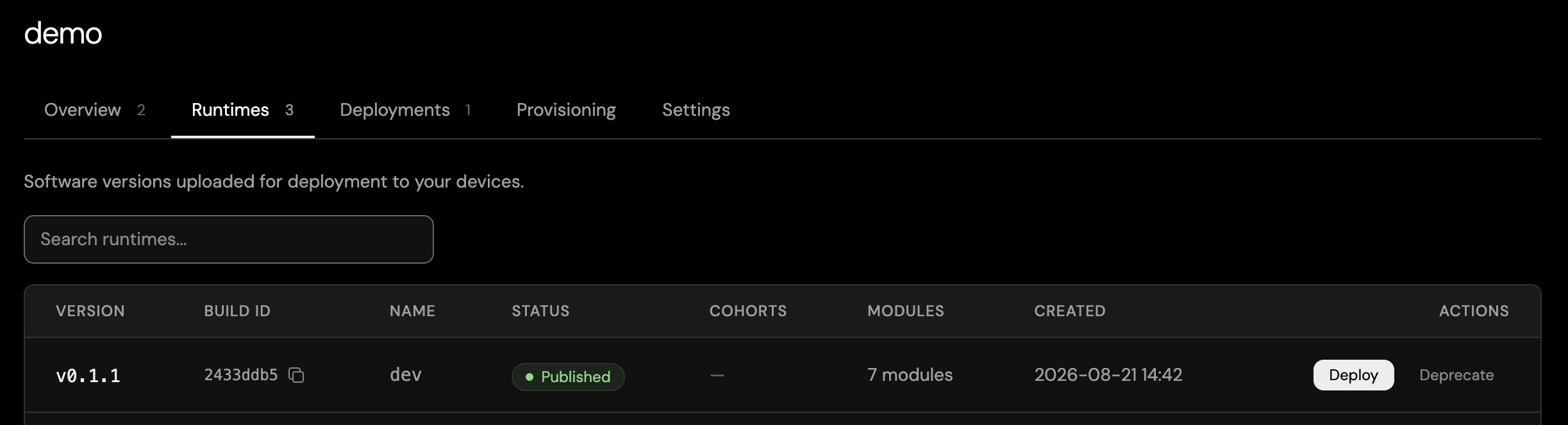 The Runtimes tab in Avocado Connect: the published v0.1.1 version of the dev runtime with its build ID, module count, and Deploy and Deprecate actions.