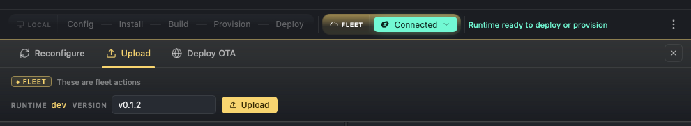 The Upload tab in Avocado Desktop's Fleet bar: the dev runtime with a version field set to v0.1.2 and an Upload button.