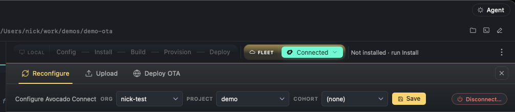 Avocado Desktop with the project connected to Fleet: the Configure Avocado Connect bar with org, project, and cohort dropdowns alongside Reconfigure, Upload, and Deploy OTA tabs.