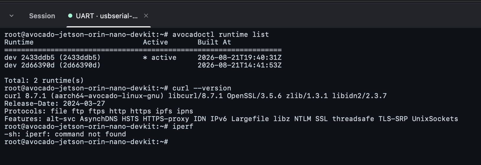 A UART session on the device after the OTA: avocadoctl runtime list shows two runtimes with the new one active, and curl --version confirms the newly added package is present.