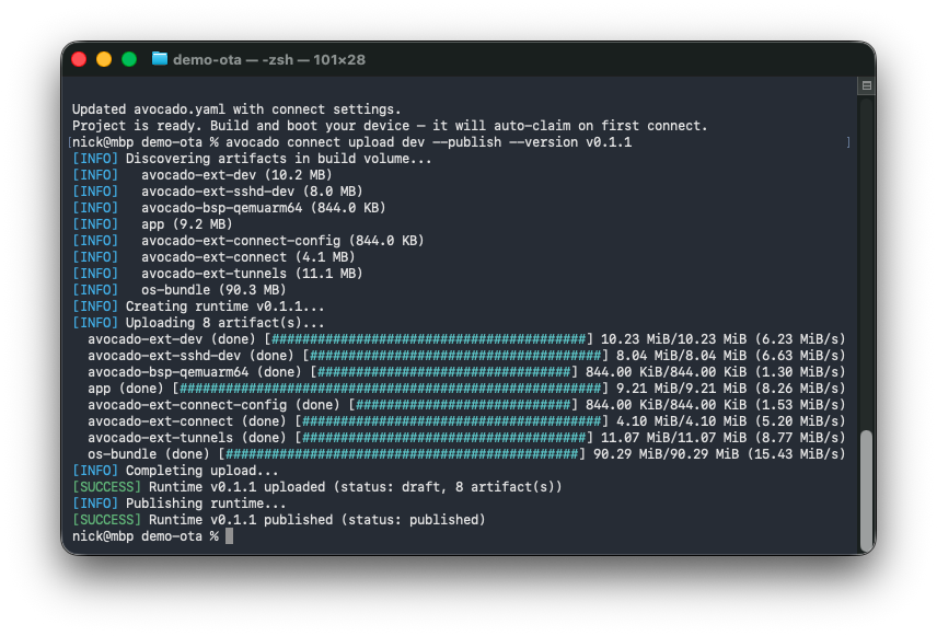 Terminal running avocado connect upload dev --publish --version v0.1.1: artifacts are discovered and uploaded with progress bars, then the runtime is uploaded and published.