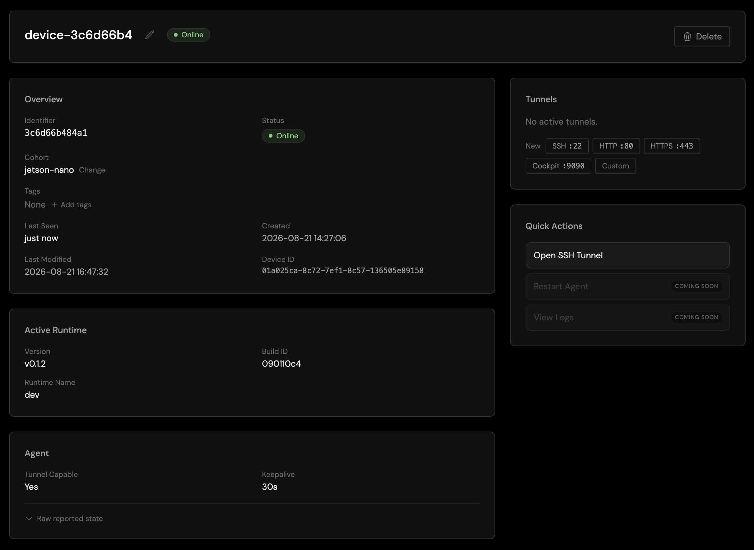 A device detail page in Avocado Connect: the Tunnels panel with no active tunnels and port shortcuts, a Quick Actions panel with Open SSH Tunnel, and the Agent section reporting Tunnel Capable: Yes.