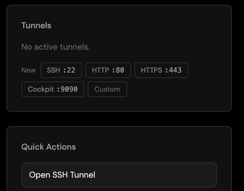 The Tunnels panel up close: New tunnel shortcuts for SSH port 22, HTTP port 80, HTTPS port 443, Cockpit port 9090, and Custom, with the Open SSH Tunnel quick action below.