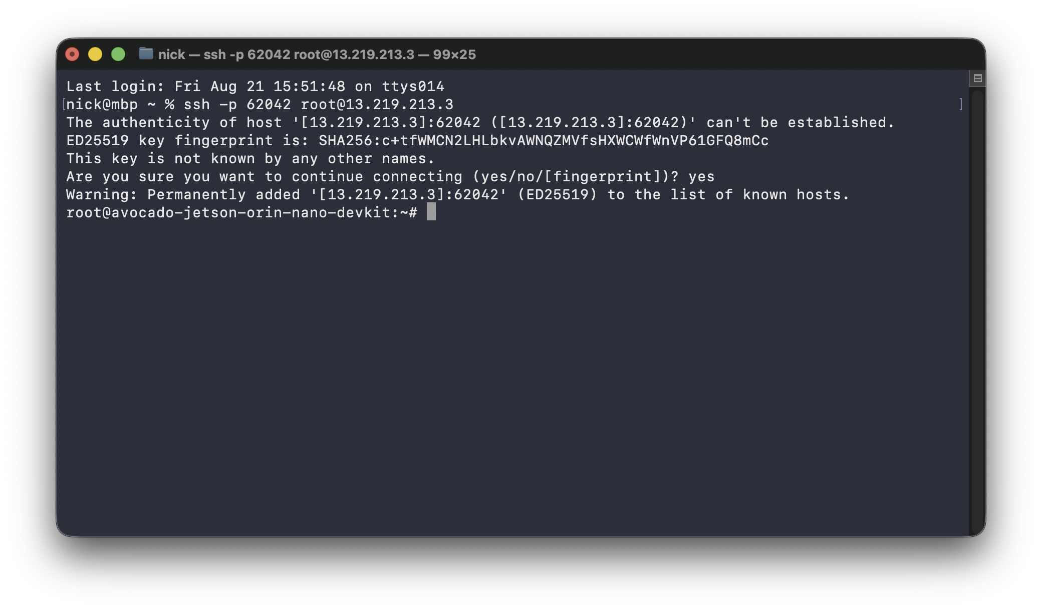 A terminal running the copied tunnel command ssh -p 62042 root@13.219.213.3: after accepting the host key, a root shell opens on the Jetson Orin Nano devkit.