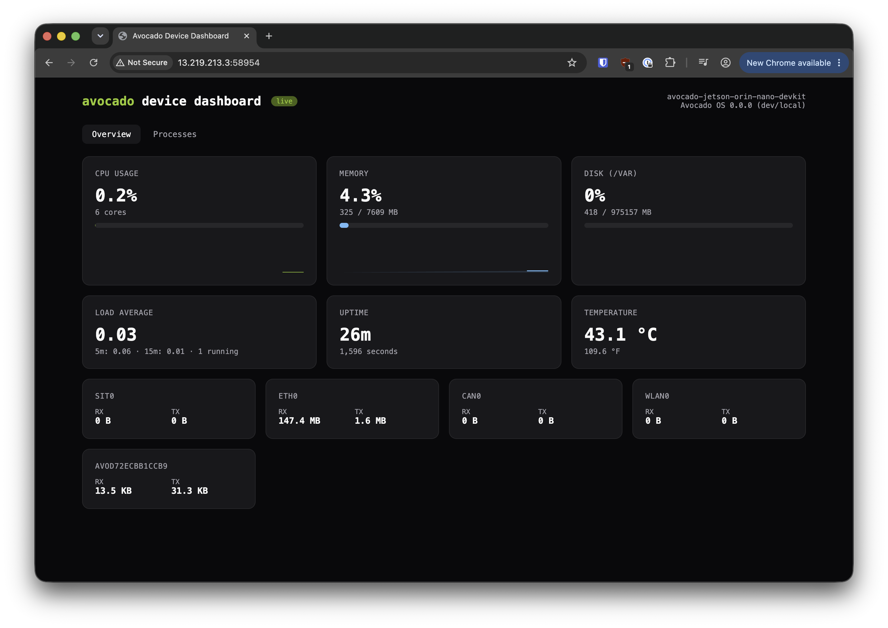 A browser pointed at the tunnel endpoint showing a live device dashboard served from the Jetson: CPU, memory, disk, load, uptime, temperature, and per-interface network throughput.